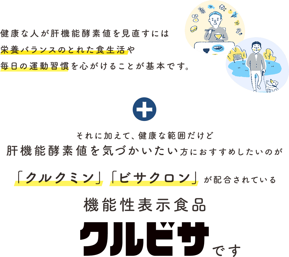 健康な人が肝機能酵素値を改善するには栄養バランスのとれた食生活や毎日の運動習慣を心がけることが基本です。それに加えて、肝臓の健康を気づかいたい方におすすめしたいのが「クルクミン」「ビサクロン」が配合されている機能性表示食品「クルビサ」です